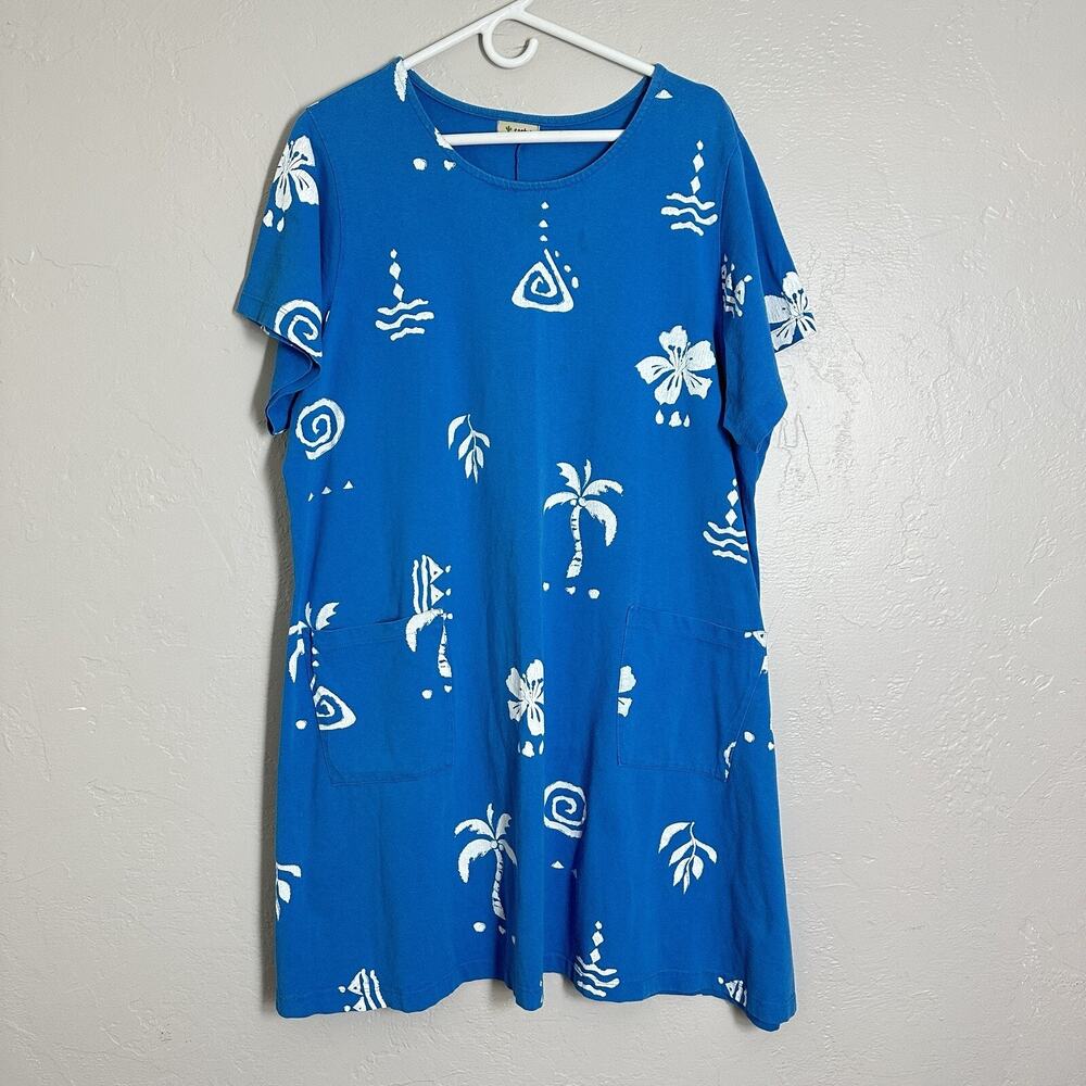 Cactus Dress XL Blue Cotton Palm Flower Tribal Short Sleeve Pullover Pockets